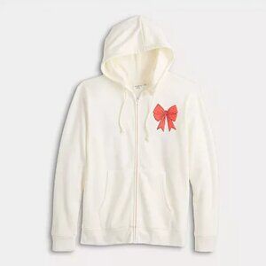 Long Sleeve Zip Up Hoodie with Bow Graphics, Size: XS, Ivory